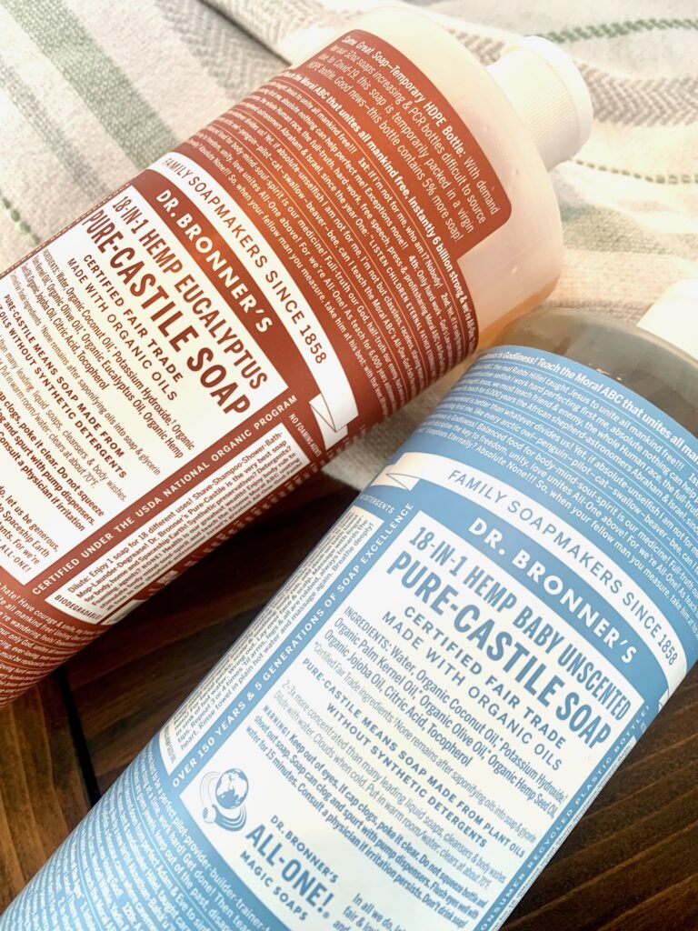 Two bottles of Castile soap for hand soap recipe one unscented and one eucalyptus 