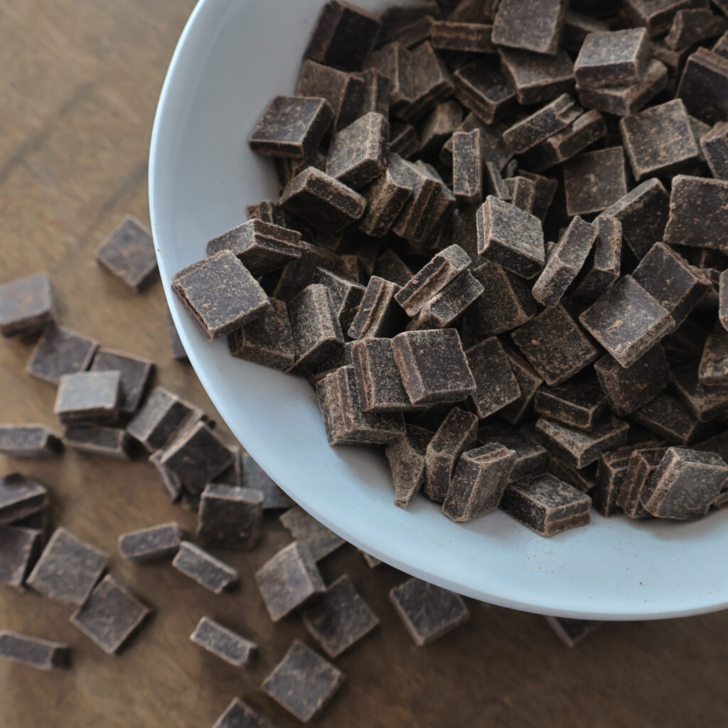 Dark Chocolate in bowl and spilling out onto table